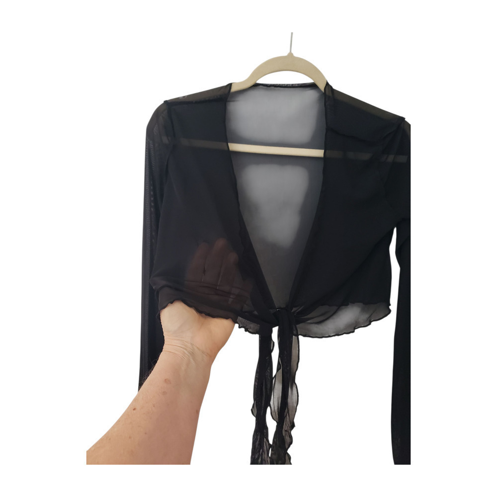 Black Sheer Tie Front Cardigan Jacket Cropped Real Feather Cuffs Tie Front sz s - Picture 6 of 16